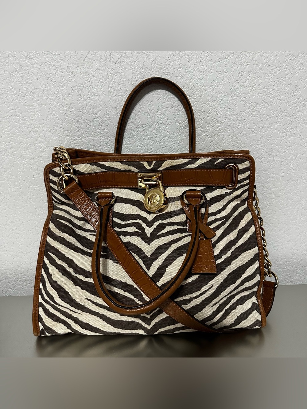 Michael Kors Hamilton Zebra Print Canvas Leather Tote Bag